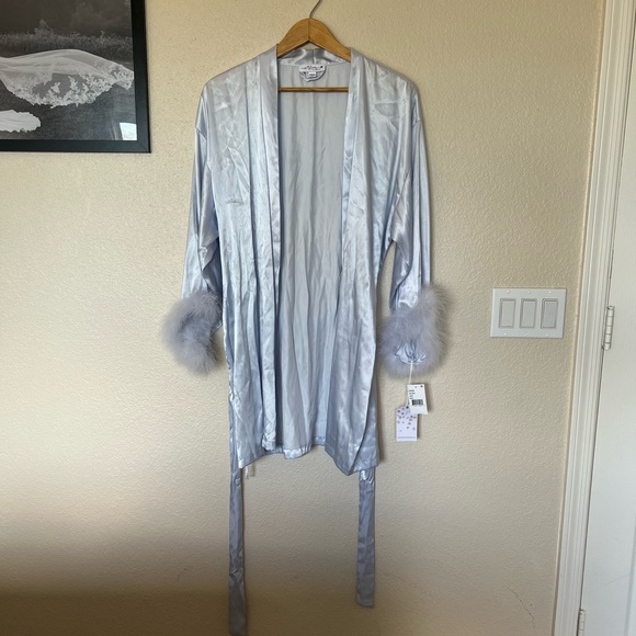 In Bloom by Jonquil | Light Blue Feather Trim Satin Robe - Picture 10 of 10
